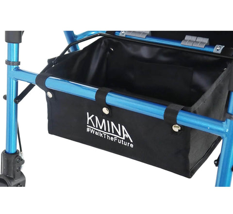 Black bag with KMINA branding attached to a blue metal frame on a white background