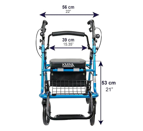 Measurement chart of a KMNA walker with dimensions labeled on a white background