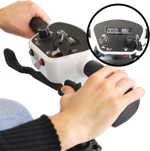 Handheld exercise device with digital display and hand grips, showing close-up of display.