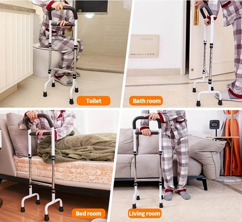 Collage of a person using a walker in various indoor settings.