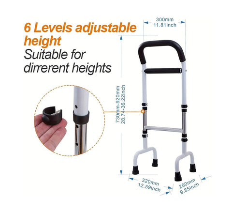 Adjustable height walker with measurement details on a white background